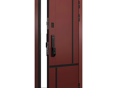 Dark Red Modern Swing Door with Black Lines and Transparent Glass Panel 3d model