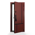 Dark Red Modern Swing Door with Black Lines and Transparent Glass Panel