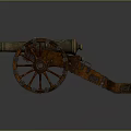 Vintage Ancient Cannon Weapon With Large Wooden Wheels And Brass Barrel