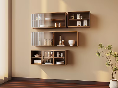 Beige Wall With Wooden Shelves Holding Books Jars Mugs Plates And Potted Plant 3d model