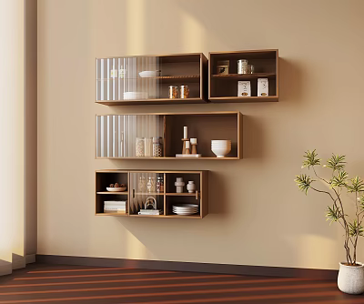 Beige Wall With Wooden Shelves Holding Books Jars Mugs Plates And Potted Plant 3d model