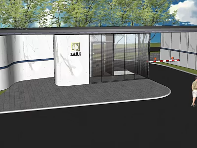 Modern Feature Wall With Marble Finish Glass Door And Trees In Exterior Design 3d model