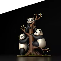Three Reptiles Climbing On Tree Trunk With Small Green Leaves Sculpture