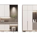 Modern Shoe Cabinet Design With White Cabinetry LED Lighting Storage Shelves Green Plant And Stool