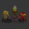 Armored Warrior Fire Elemental And Green Clawed Monster On Lava Platform With Flames