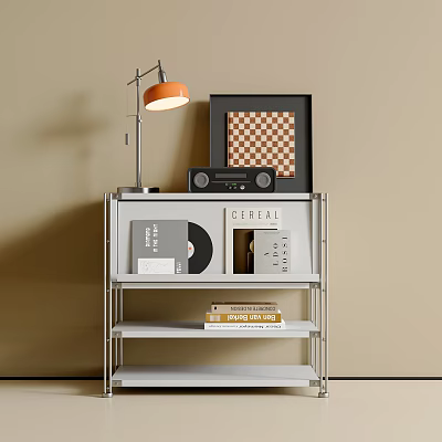 Modern Side Table with Metal Frame White Shelves Orange Lamp Radio Checkerboard Frame and Books 3d model