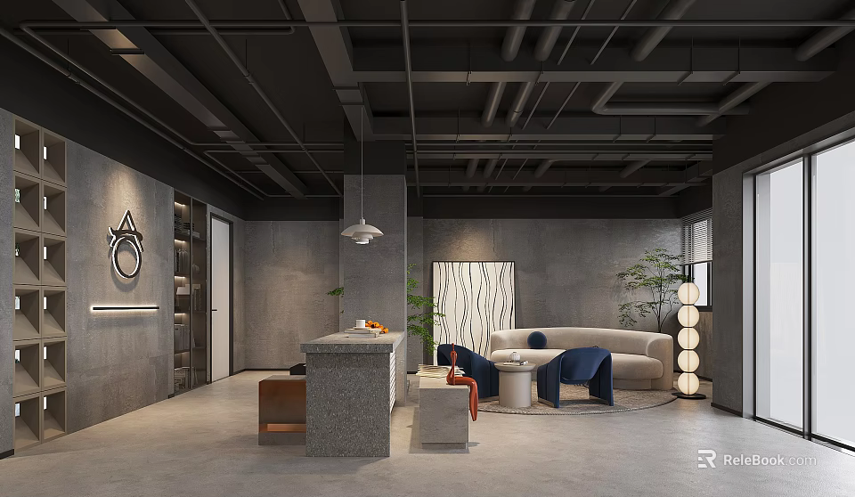 Modern Lounge Area With Gray Walls Black Pipe Ceiling Sofa Coffee Table And Green Plants 3d model 