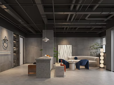 Modern Lounge Area With Gray Walls Black Pipe Ceiling Sofa Coffee Table And Green Plants 3d model
