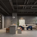 Modern Lounge Area With Gray Walls Black Pipe Ceiling Sofa Coffee Table And Green Plants