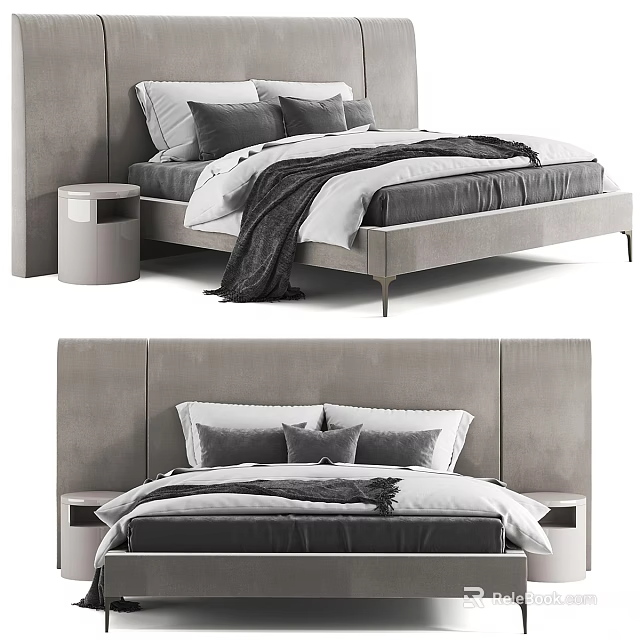Modern Upholstered Double Bed With Gray Headboard White Bedding And Nightstand 3d model