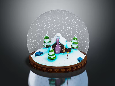 Snow Globe Decorative Ornament With Snow Scene Small House Christmas Trees Cars And Patterned Base 3d model