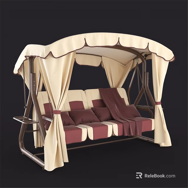 Outdoor Swing Chair With Beige Canopy And Maroon Fabric Seat Cushions 3d model 