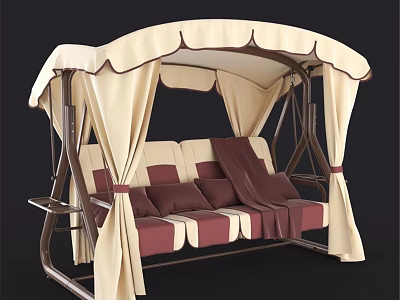 Outdoor Swing Chair With Beige Canopy And Maroon Fabric Seat Cushions 3d model