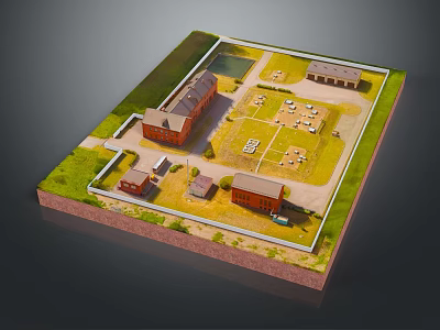 Red Brick Building Compound With Multiple Buildings Central Open Square Green Grass And Pond 3d model