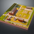 Red Brick Building Compound With Multiple Buildings Central Open Square Green Grass And Pond
