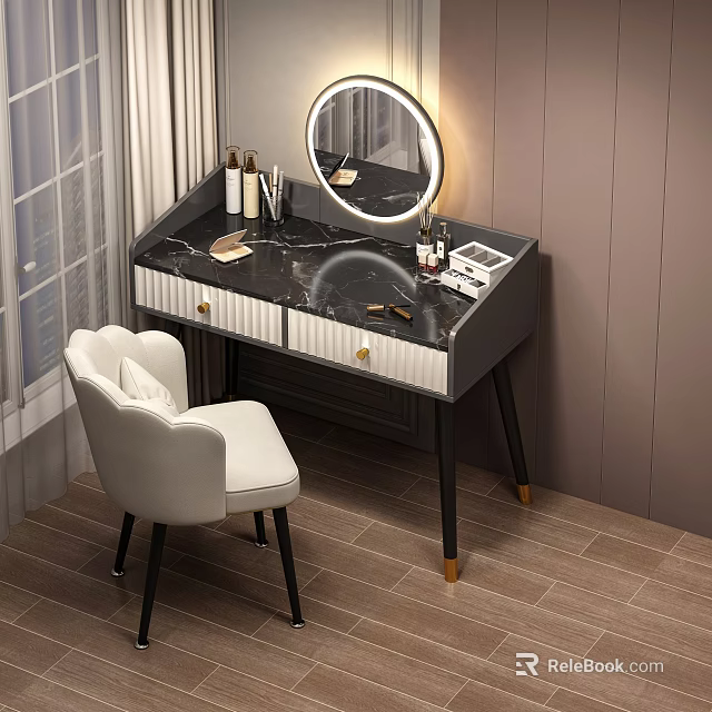 Elegant Dressing Table With Marble Countertop Round LED Mirror And White Chair 3d model 