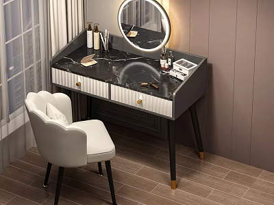 Elegant Dressing Table With Marble Countertop Round LED Mirror And White Chair 3d model