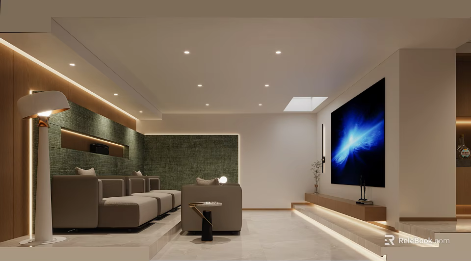 Modern Home Theater Interior Design With Comfortable Sofa Large Screen TV And Ambient Lighting 3d model 