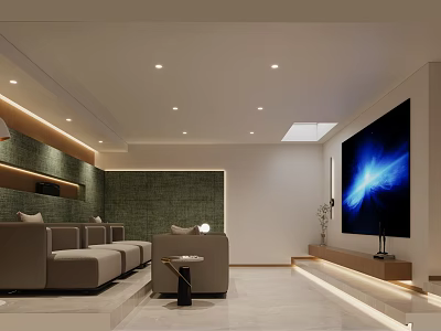 Modern Home Theater Interior Design With Comfortable Sofa Large Screen TV And Ambient Lighting 3d model