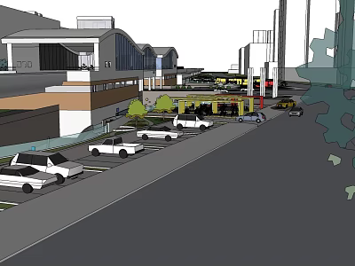 Modern Urban Street Scene With Parking Lot Cars And Green Trees Around Buildings 3d model