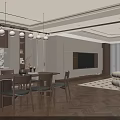Modern Dining and Living Room Interior Design With Wooden Table Chairs Pendant Lights TV Wall