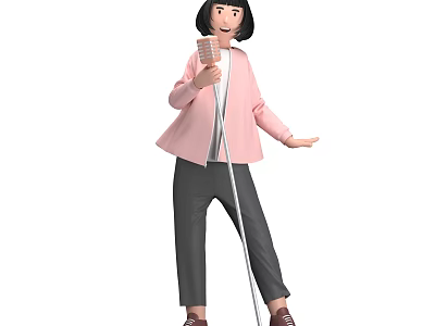 Woman Holding Microphone In Pink Coat White Inner Shirt Gray Pants And Brown Shoes 3d model