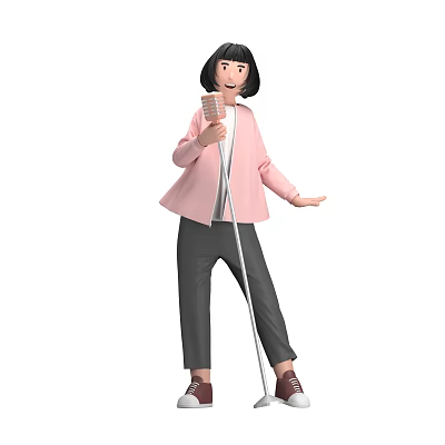 Woman Holding Microphone In Pink Coat White Inner Shirt Gray Pants And Brown Shoes 3d model