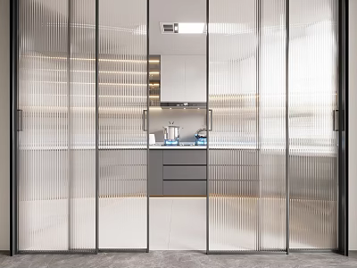 Modern Bathroom With Striped Glass Sliding Doors Vanity Mirror And Lighting 3d model