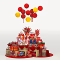 Festive Decorative Display Featuring Red Yellow Lanterns Gift Boxes And Candies 3d model