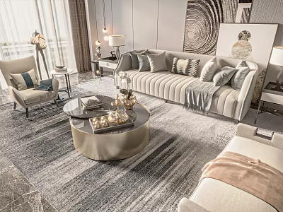 Elegant Modern Living Room Interior With Beige Sofa And Round Marble Coffee Table Set 3d model