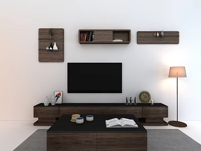 Modern Wooden TV Stand with Wall Mounted Shelves Flat Screen TV and Decorative Items 3d model