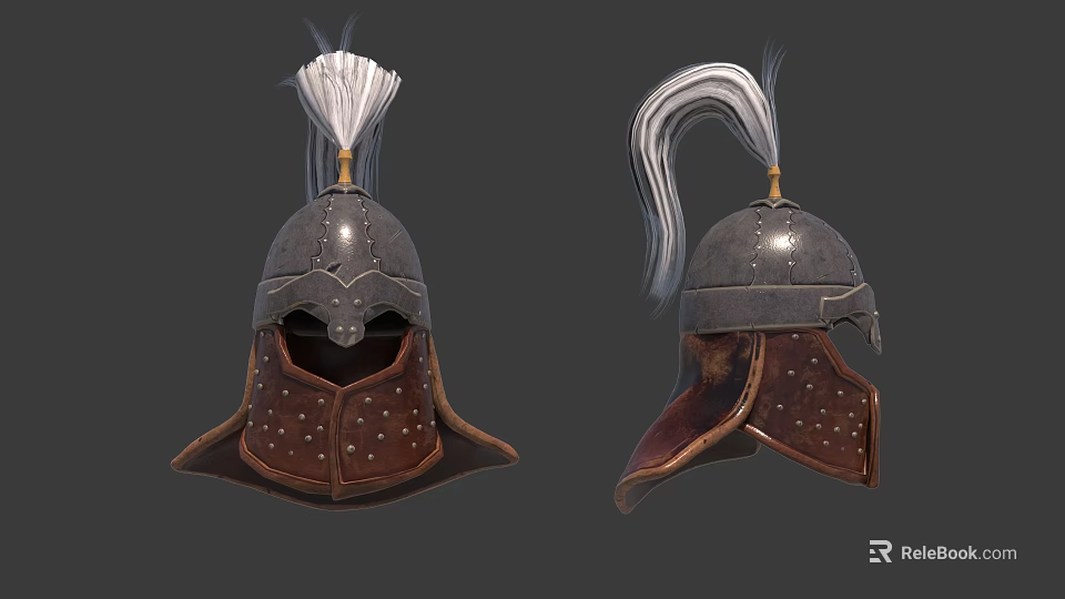 Medieval Helmets With Metallic Construction Brown Leather Riveted Details And Plume Decoration 3d model 