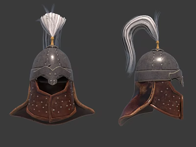 Medieval Helmets With Metallic Construction Brown Leather Riveted Details And Plume Decoration 3d model