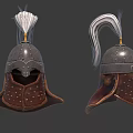Medieval Helmets With Metallic Construction Brown Leather Riveted Details And Plume Decoration
