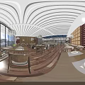 Spacious Restaurant Interior With Buffet Counter Marble Top Pendant Lights Large Windows And Wooden Flooring