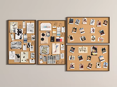 Corkboard Photo Wall With Multiple Photos Papers Memos And Decorative Stickers 3d model