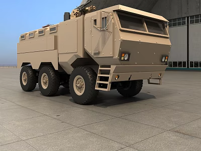 Rugged 6x6 Armored Military Vehicle With Roof Mounted Equipment On Concrete Ground 3d model