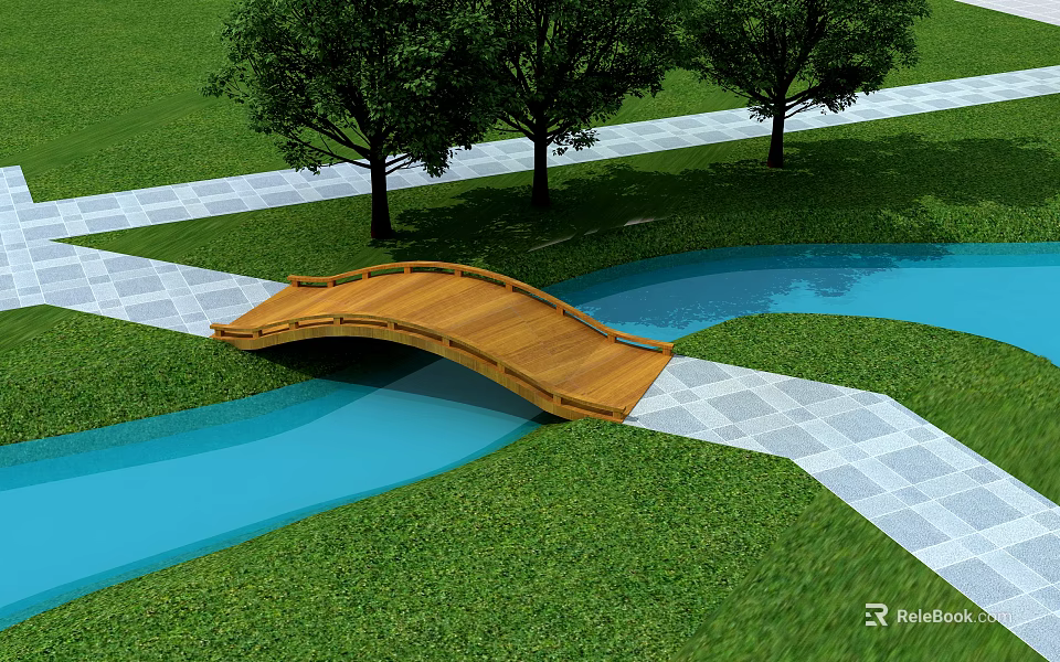 Scenic Wooden Arch Bridge With Green Grass Trees Stone Path And Waterway 3d model 