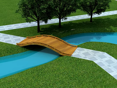Scenic Wooden Arch Bridge With Green Grass Trees Stone Path And Waterway 3d model