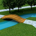 Scenic Wooden Arch Bridge With Green Grass Trees Stone Path And Waterway