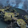 Cartoon Fantasy Scene with Rocky Landscapes Luminous Lights Green Plants and Calm Water Area