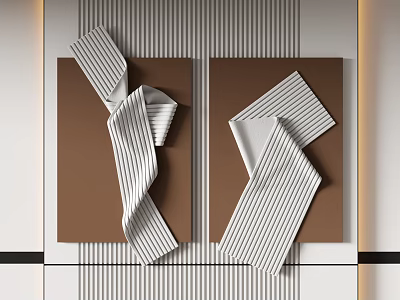 Modern Wall Decor with Brown Background and White Gray Striped Fabric on Vertical Striped Wall 3d model
