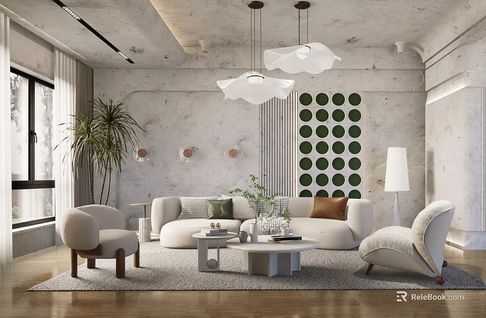 Modern Living Room Interior With Beige Sofa Coffee Table Pendant Lights And Green Circular Wall Decor 3d model 