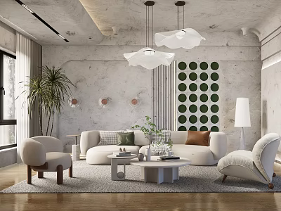 Modern Living Room Interior With Beige Sofa Coffee Table Pendant Lights And Green Circular Wall Decor 3d model