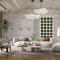 Modern Living Room Interior With Beige Sofa Coffee Table Pendant Lights And Green Circular Wall Decor