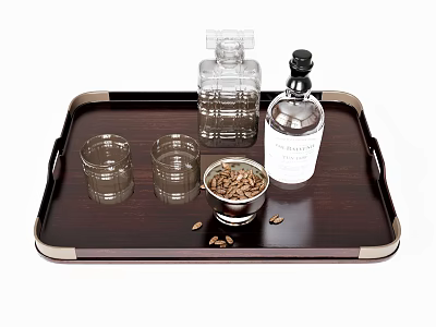 Vodka Bottle And Clear Glasses On Dark Wooden Tray With Coffee Beans And Bowl 3d model