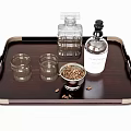 Vodka Bottle And Clear Glasses On Dark Wooden Tray With Coffee Beans And Bowl