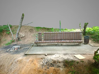 Outdoor Wooden Bench In Natural Park Setting With Trees Dirt Ground And Trash Bin 3d model