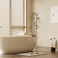 Modern Bathroom Interior With White Bathtub Window Blinds Green Plant And Wall Art