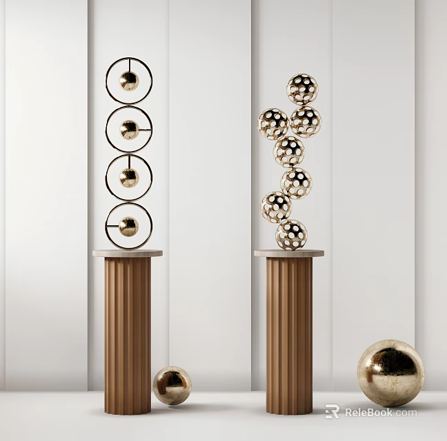 Modern Golden Sphere Sculptures Stacked On Pedestals With White Wall Background 3d model 